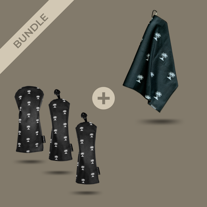$60 Black Palm Tree Head Covers & Towel Set