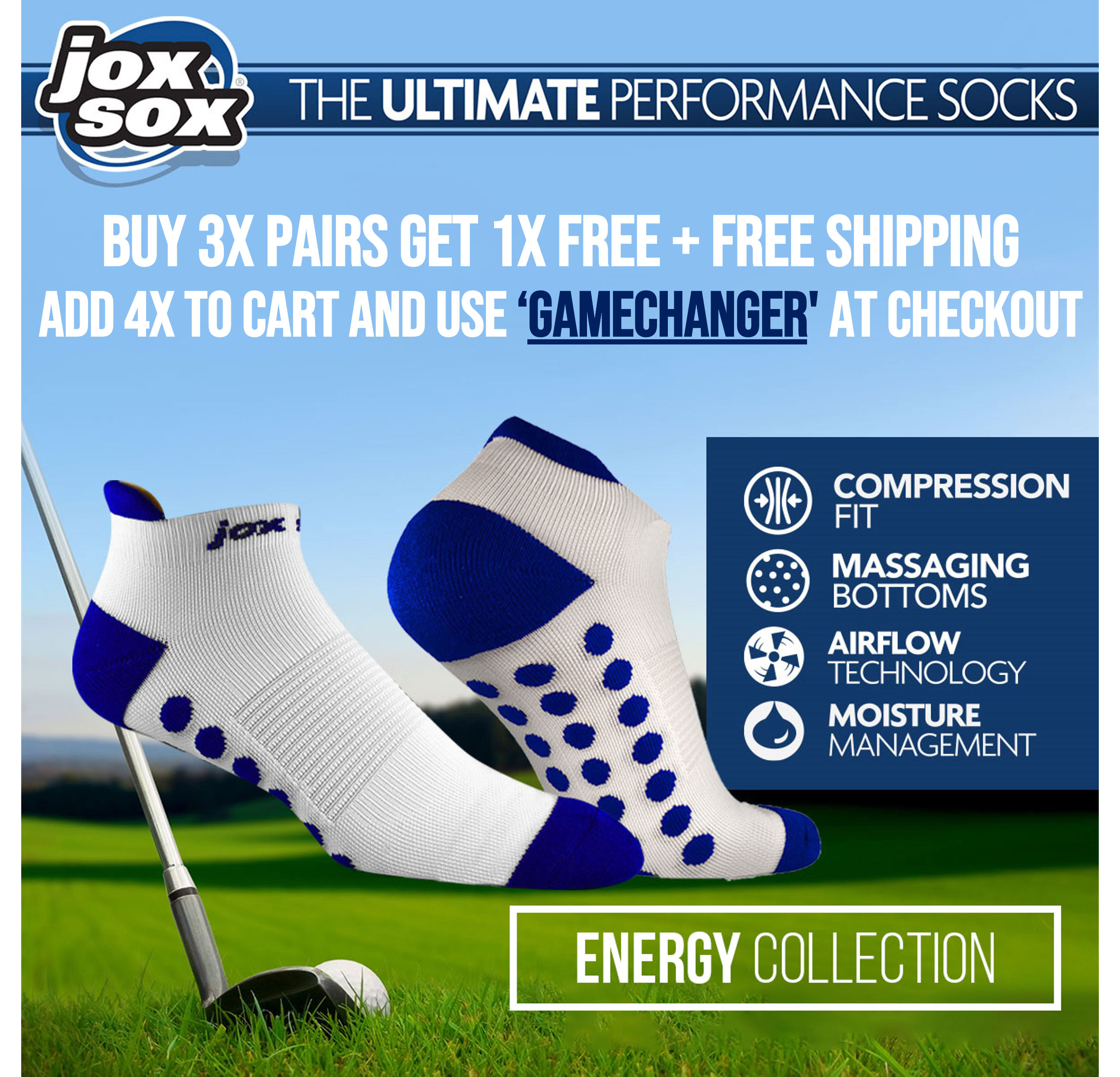 $39 Buy 3x pairs of JoxSox golf energy socks, get 1x free (Free shipping)