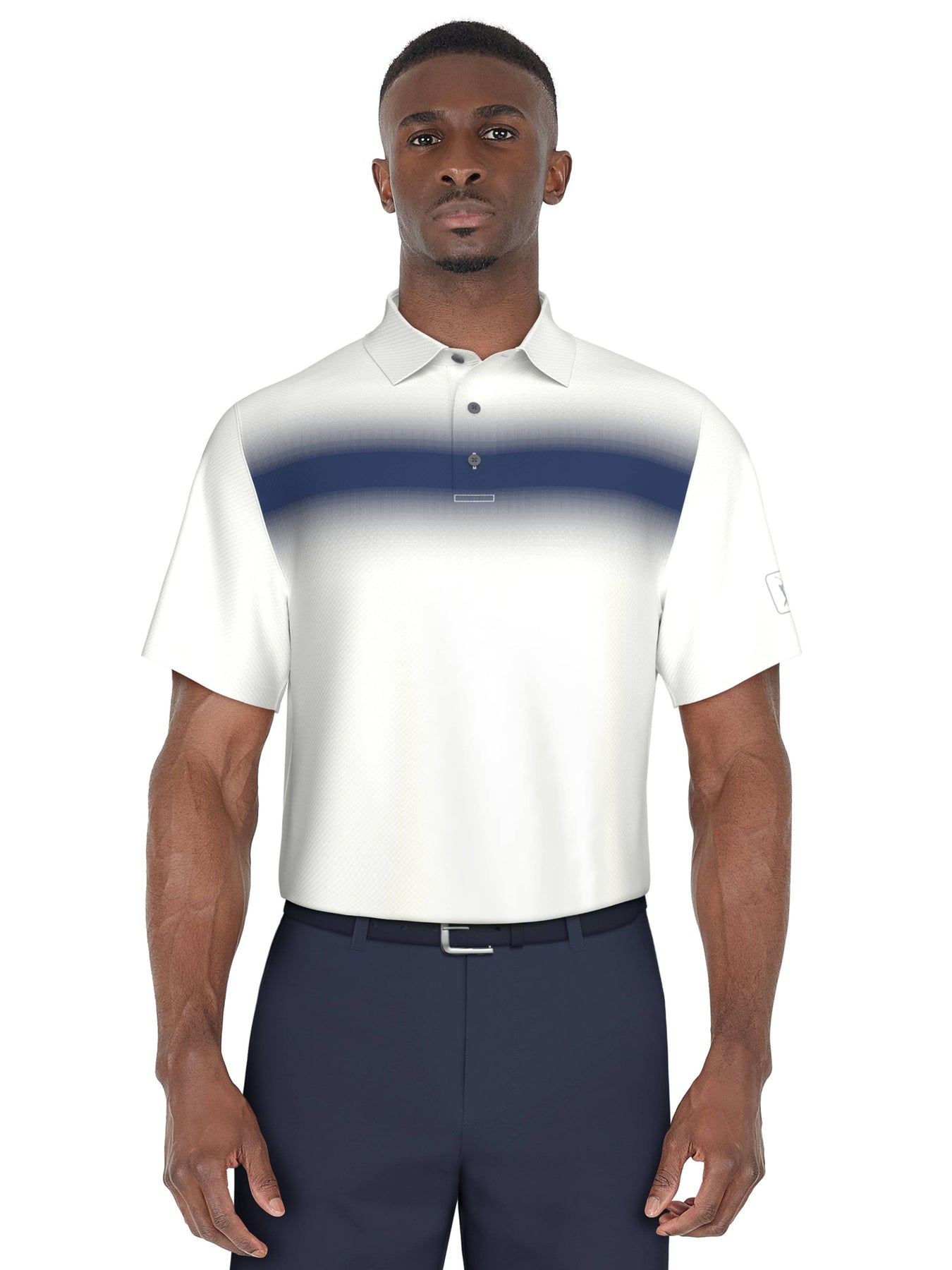 $27 Men’s Short Sleeve Stretch Performance Ombre Chest Stripe Print Polo