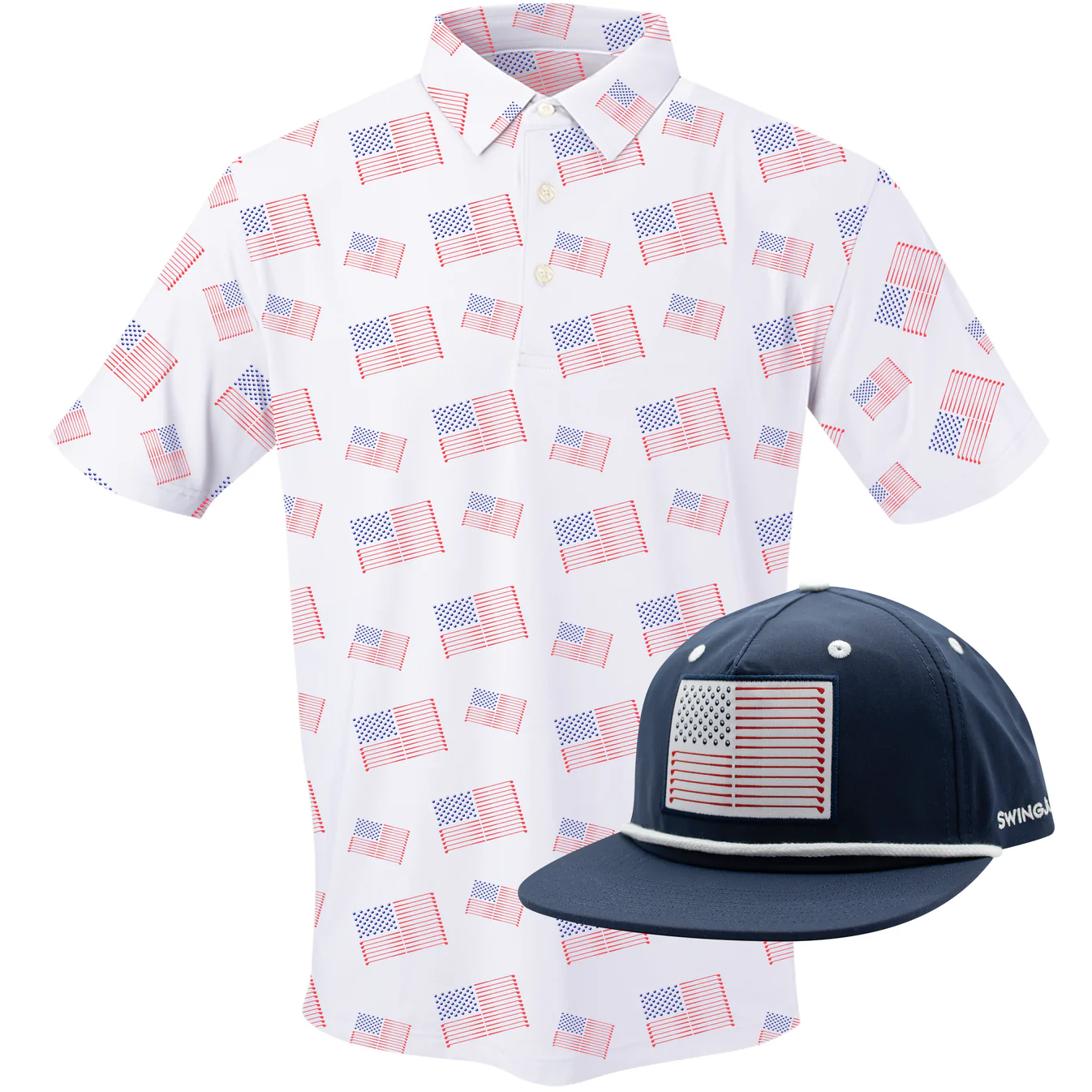 $90 SwingJuice Men’s Golf Flag Polo & Rope Hat Bundle